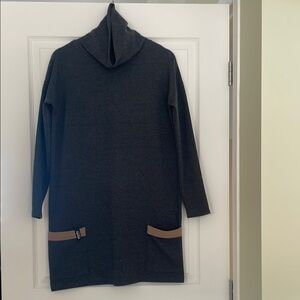 Plenty Gray Turtleneck Long Sleeve Sweater Dress with Tan details, made in Qc